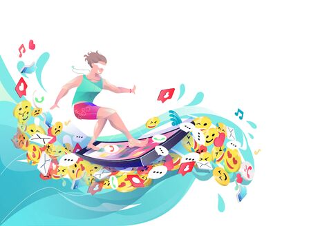 Concept in flat style with man surfing through internet. Business, news, socialnets, emoji.  Vector illustration.のイラスト素材