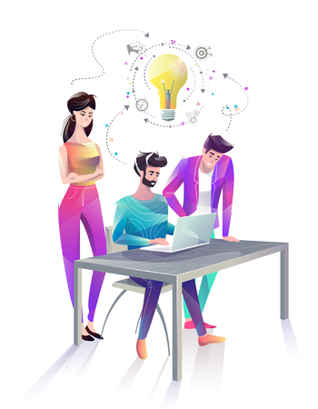 Concept in flat style with office workers. Man and woman are looking at laptop and discussing idea. Start up. Businessman. Creative atmosphere. Vector illustration.のイラスト素材