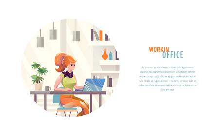 Concept in flat style with woman. Businesswoman works in office. Creative atmosphere. Vector illustration.のイラスト素材