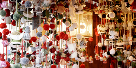 Christmas markets. Christmas decorations hanging in a standの写真素材