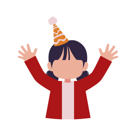 Kid celebrating with hands up and party hatのイラスト素材
