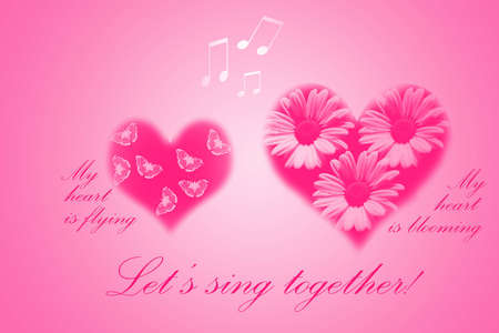 Flying female and blooming male hearts are singing togetherの写真素材
