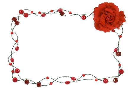 Frame made from beads and artificial red rose on white backround for announcementの写真素材
