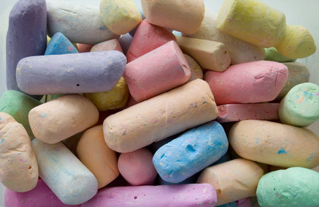 Collection of colorful chalks for drawing at schoolの写真素材