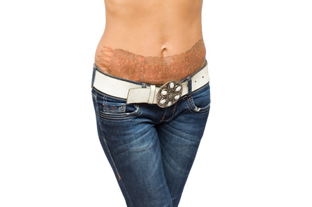 Red and black colors tattoo with shape of girdle for stockings or corsetの写真素材