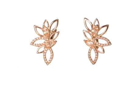 Golden earings with gems isolated on the white backgroundの写真素材