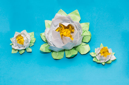 Origami: three white lotuses on the blue background of paper lakeの写真素材