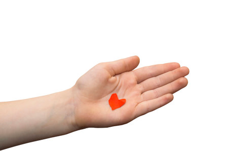Boy have cut heart from colored red paper and showing that on his hand  isolated on white backgroundの写真素材
