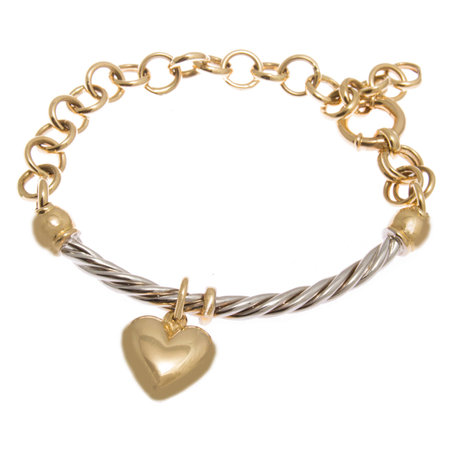 Fashionable golden bracelet with heart shape pendant from yellow and white gold isolated on white backgroundの写真素材