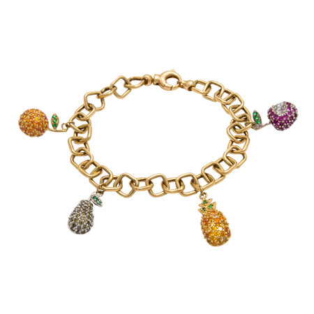 Unusual very special stylish golden diamond chain bracelet with fruits isolated on white backgroundの写真素材