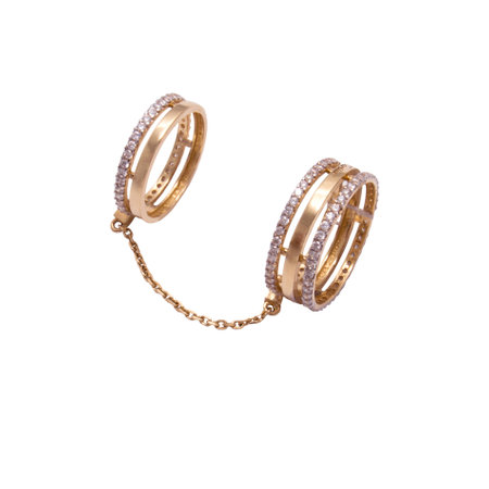 Original set of golden rings connected with chain isolated on white backgroundの写真素材