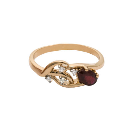 Golden ring with dark red gemstone - garnet and few diamonds isolated on white backgroundの写真素材