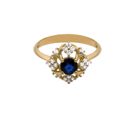 Very beautiful golden ring with dark blue gem - sapphire and few diamonds isolated on white backgroundの写真素材