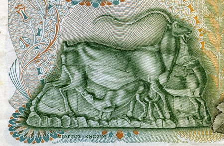 GREECE - CIRCA 1960: ibex on 500 Drachmai 1960 Banknote from Greece. Ibex nursing his little baby. Found in many fragments in place of the sacred vaults of the Palace of Knossosのeditorial素材