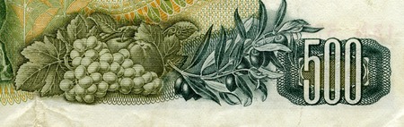 GREECE - CIRCA 1960: God Demeter on 500 Drachmai 1960 Banknote from Greece. grapes and olives symbols of prosperity in ancient Greeceのeditorial素材