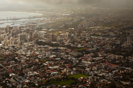 High angle view of a city with a harbourの写真素材