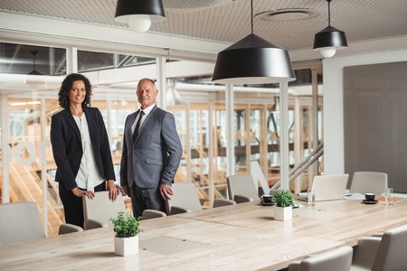Portrait of a smiling mature businessman and young colleague standing together in an office...