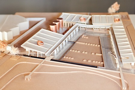 Closeup detail of an elaborate architectural scale model of a large building developmentの写真素材