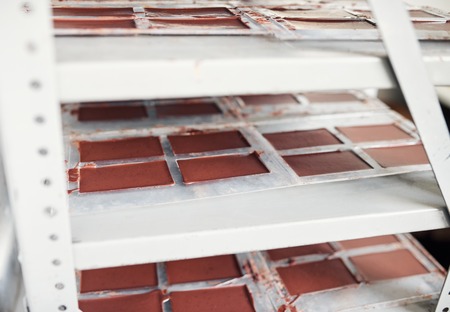 Bars of chocolate cooling in plastic molds on a shelfの写真素材