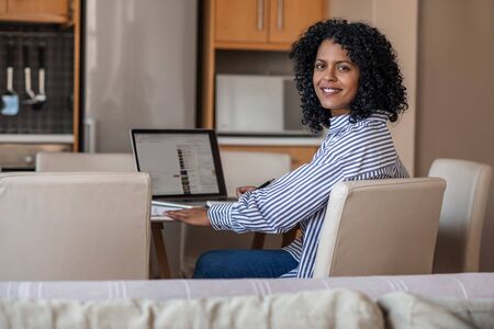 Smiling female entrepreneur working at home on a laptopの写真素材