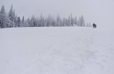 Couple hiking through a snow covered field in the wintertimeの写真素材