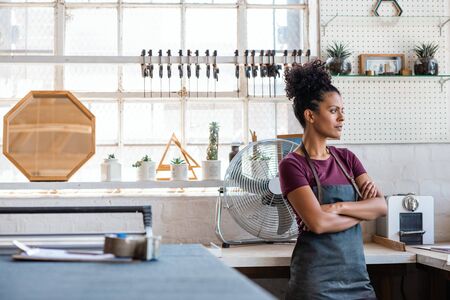 Young female artisan standing in her picture framing shop
