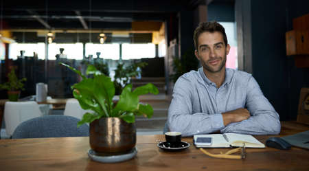 Smiling businessman working at his desk in a quiet officeの写真素材
