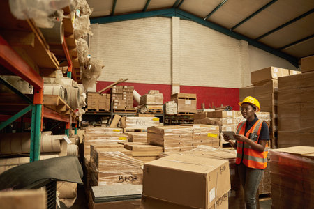 African female warehouse worker checking inventory with a digital tablet