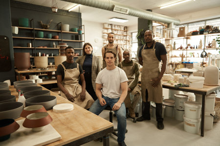 Diverse group of ceramists working in a pottery studioの写真素材