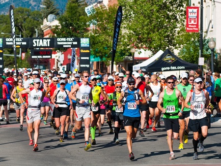 Buena Vista CO - Aug 21, 2011: Runners attacking the start of Stage 3 in the 4th annual Gore-Tex Trans Rockies Run, a point to point stage race finishing in Beaver Creek, Co.のeditorial素材