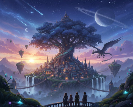 Huge tree in the middle of the temple. Fantasy landscape.の素材