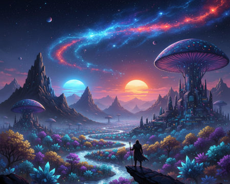 Fantasy landscape with alien planet and girl. 3d illustration.の素材
