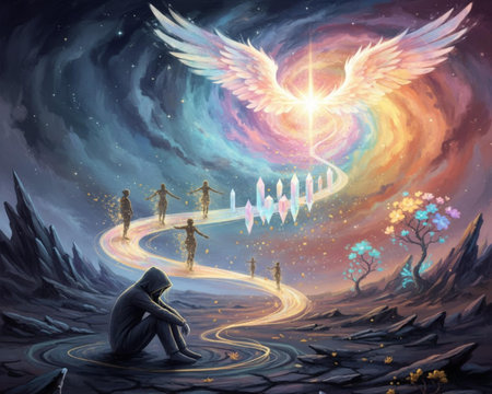 Man with angel wings sitting on the road to heaven, illustration.の素材