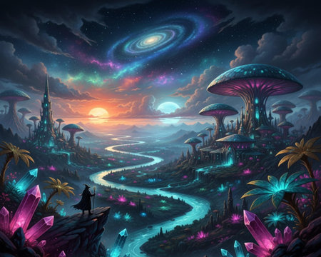 Fantasy landscape with magic mushrooms and a witch on the moonlightの素材