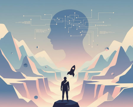 Vector illustration of a businesswoman standing on top of a mountain with a rocket flying over her headの素材