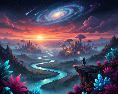 Couple in love standing in front of an open box with a view of the universeの素材