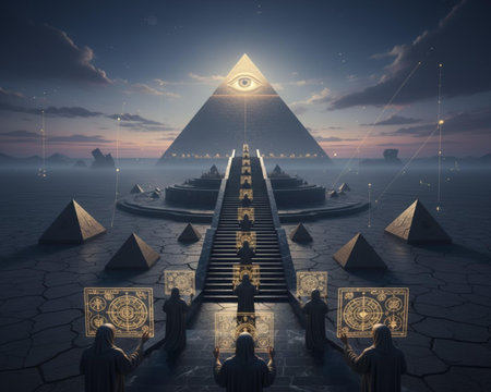Conceptual image with Egyptian pyramid and people on the background.の素材
