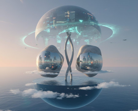 Fantasy landscape with flying saucers and alien planet - illustration for childrenの素材