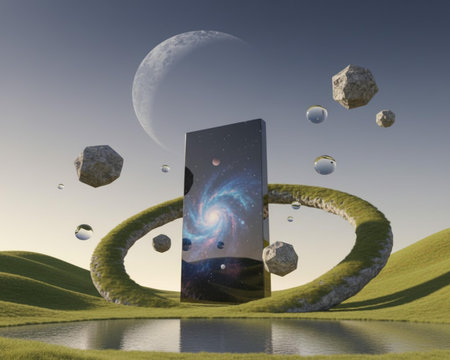 Digital composite of Futuristic portal in the sky with planets and starsの素材