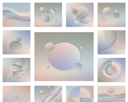 Set of pastel colored abstract backgrounds with circles and spirals.の素材