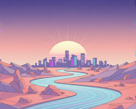 Sunset over the city. Vector illustration in a flat style.の素材
