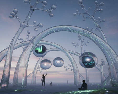 Fantasy landscape with people and crystal balls. 3D illustration.の素材