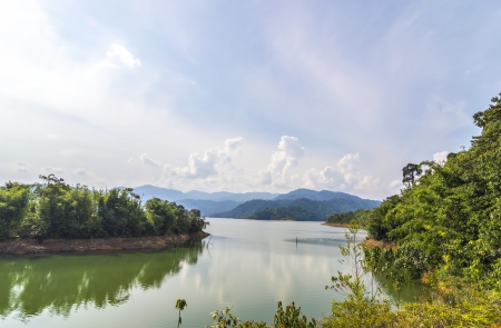 Reflection of mountain with fresh air and blue skiesの写真素材