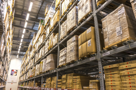 KUALA LUMPUR, MALAYSIA - JANUARY 25, 2015: Warehouse storage in an IKEA store. Founded in 1943, IKEA is the world's largest furniture retailer. IKEA operates 351 stores in 43 countries.のeditorial素材