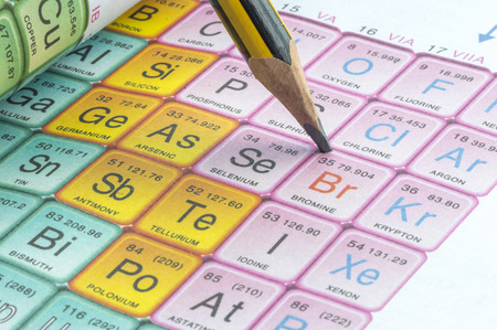 Pencil and periodic table close upの写真素材
