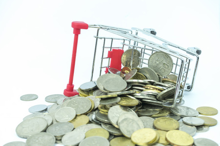 Toy trolley and coins with white background