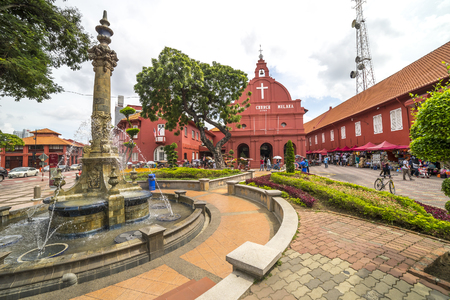 MALACCA, MALAYSIA - DEC 4, 2015: Water fountain in front of Christ Church & Dutch Square in Malacca City, Malaysia. It was built in 1753 by Dutch & is the oldest 18th century Protestant church in Malaysia.のeditorial素材