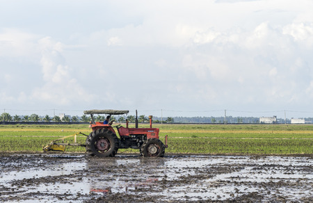 SELANGOR, MALAYSIA - JANUARY 31, 2016: Worker uses a machine to tilling the soil for planting rice...
