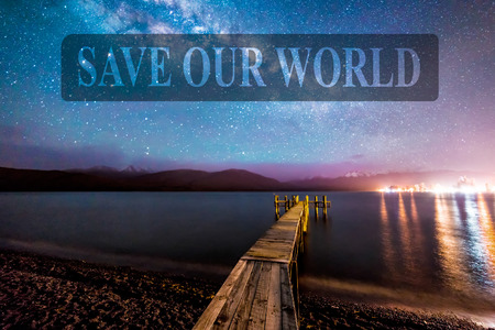 Night milkyway with wooden jetty at Te Anau, New Zealandの写真素材