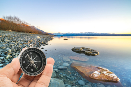 Stone lake with sunrise background.の写真素材